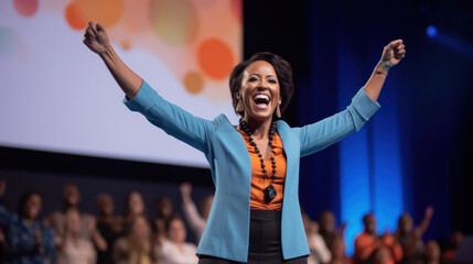 Fototapeta premium Exited woman motivational speaker on stage. Diversity, Success, Leadership, STEM concept. Generative AI.