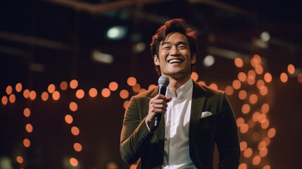 Asian man motivational speaker on stage, talking about success and leadership. Generative AI.
