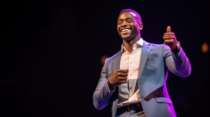 African american man motivational speaker on stage, talking about success and leadership. Generative AI.