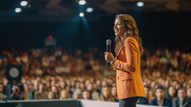 Exited woman motivational speaker on stage. Diversity, Success, Leadership, STEM concept. Generative AI.