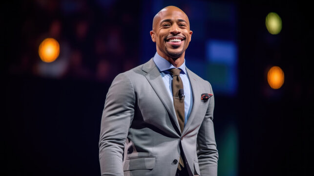 Man motivational speaker on stage, talking about success and leadership. Generative AI.