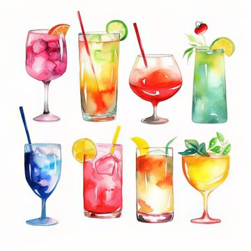 A watercolor painting of cocktails in a glass with a straw with Generative AI technology