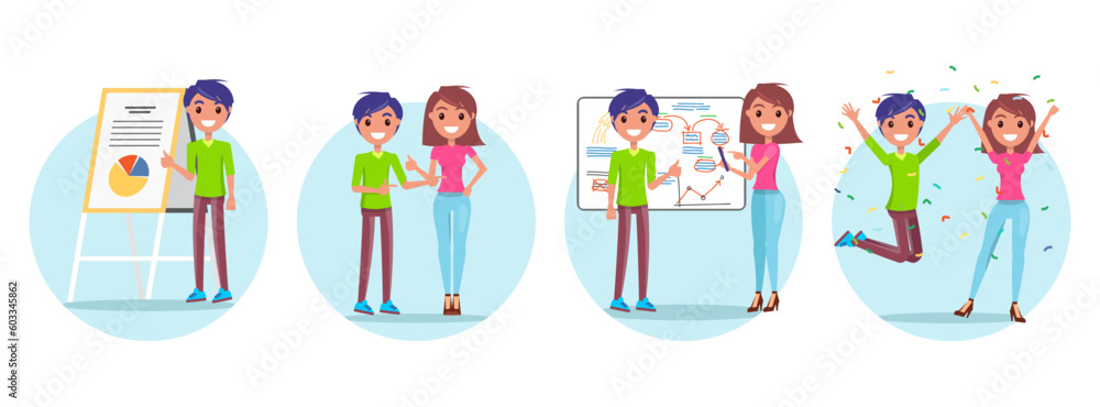 Poster happy smiling people analyzing chart, doing data analysis, joyful students submit work with graphs. 