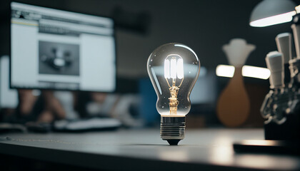 A white led light bulb on a table in a work station. For your technology or marketing presentation. AI generated.