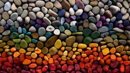 top view, aerial view, pebbles in an unique pattern, color of the rainbow, vibrant backlit translucent, colorful background, background of beads, wallpaper, Generative AI