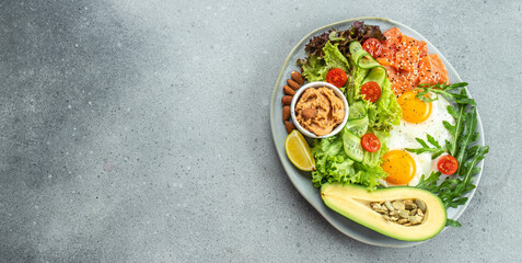 Balanced low-carb food vegetables salad, avocado, fish, eggs, nuts. keto ketogenic diet meal plan protein fat, Long banner format. top view