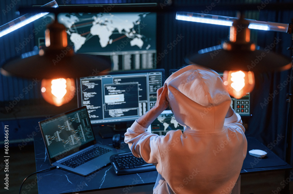 Poster view from behind. young professional female hacker is indoors by computer with lot of information on