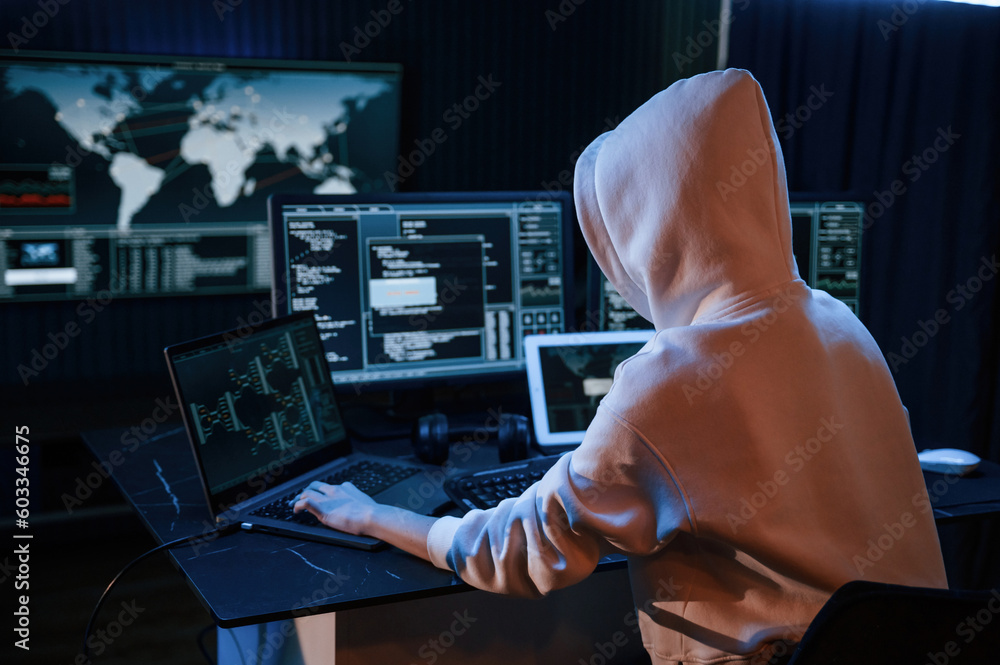 Poster view from behind. young professional female hacker is indoors by computer with lot of information on