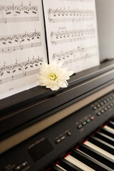 Electronic piano with notes and a white flower