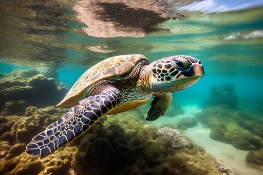 Sea turtle underwater photography portrait. Clear ocean water diving holiday coral reef swimming snorkeling photo