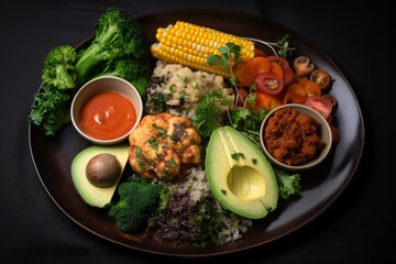 Delicious vegan dish. Diet food with broccoli, vegetables, corn, avocado on a plate. Generative AI
