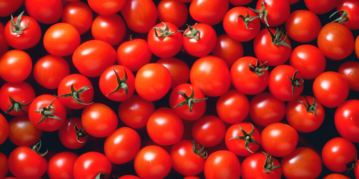 Many cherry red tomatoes flat lay photo. Top close up view vegetable vegan diet. Fresh ration organic ration vitamin source photo