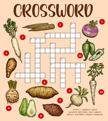 Raw isolated vegetable sketches. Crossword puzzle worksheet. Word quiz, vector riddle with corn, radish and arracacia, rutabaga, caigua and cyclanthera, celery, chayote, yam and taro, turnip, parsnip