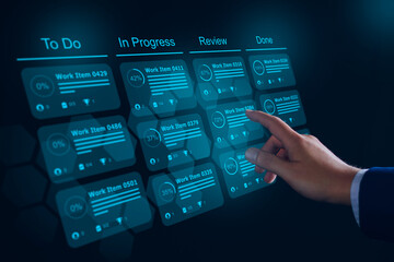 Agile software development or project management using kanban or scrum methodology boards on...