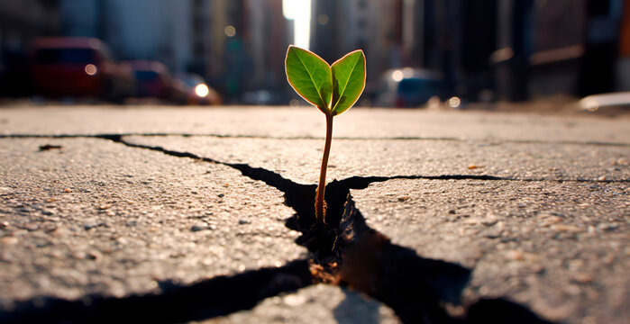 Plant sprout growing through the road. Break the hard asphalt overcoming difficulties concept. Generative AI