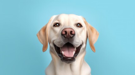 Labrador retriever dog portrait on blue background with copy space.Generative Ai