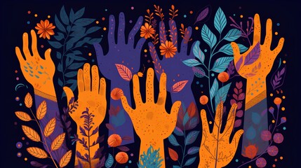 An illustration showcasing a collection of diverse and colorful hands raised up. Unity, participation, diversity, and the power of collective action in our multicultural society. Generative AI