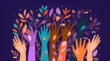 An illustration showcasing a collection of diverse and colorful hands raised up. Unity, participation, diversity, and the power of collective action in our multicultural society. Generative AI