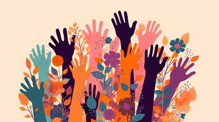 An illustration showcasing a collection of diverse and colorful hands raised up. Unity, participation, diversity, and the power of collective action in our multicultural society. Generative AI