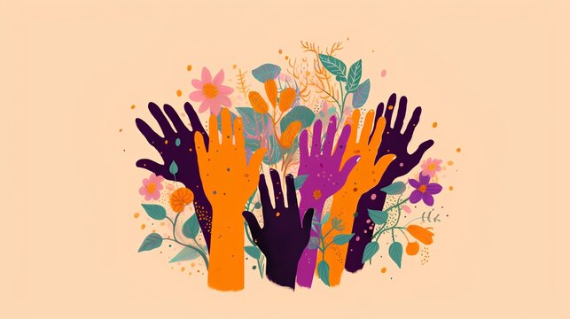 An illustration showcasing a collection of diverse and colorful hands raised up. Unity, participation, diversity, and the power of collective action in our multicultural society. Generative AI