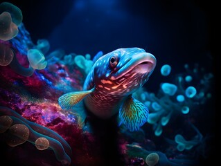 Bioluminescent Eelpout in Neon Cave