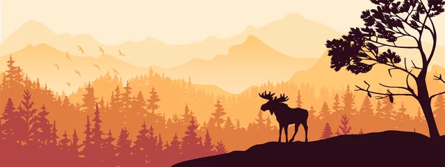 Fototapete Orange Silhouette of moose on hill. Tree in front, mountains and forest in background. Magical misty landscape. Illustration, horizontal banner.