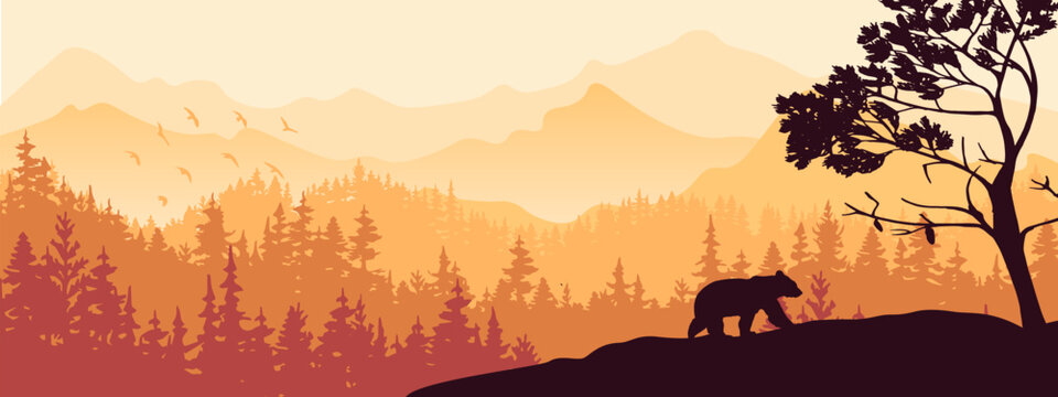 Silhouette of bear climb up hill. Tree in front, muntains and forest in background. Magical misty landscape. Illustration, horizontal banner.