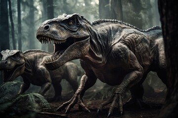 Obraz premium Dinosaurs. The dominant group of land vertebrates in the Mesozoic era. Tyrannosaurus, Stegosaurus, Pterodactyl, Triceratops. Life before our time. Jurassic Period