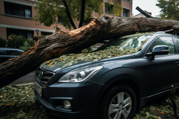 fallen tree trunk on a car after a hurruicane. insurance concept. generative AI