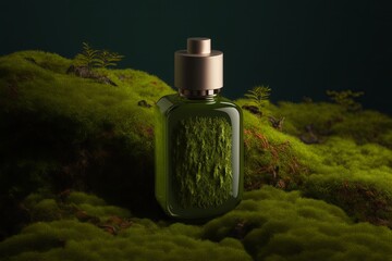 Bottle without label dark green moss background. Cosmetic product mockup generative ai