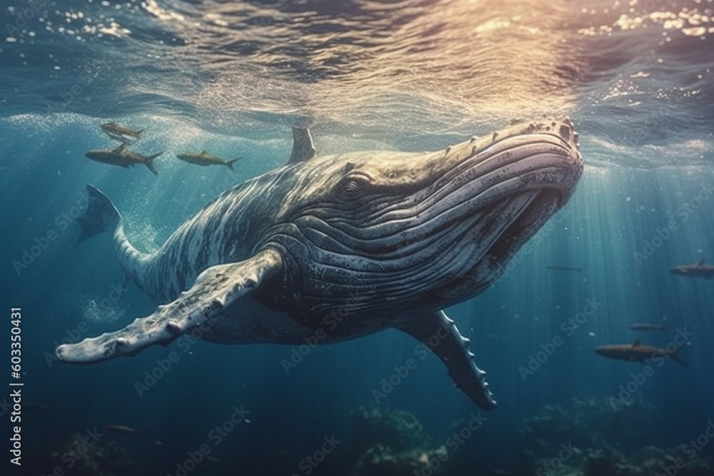 Poster a breathtaking paper-cut artwork of a majestic whale swimming in the ocean, with its enormous size a