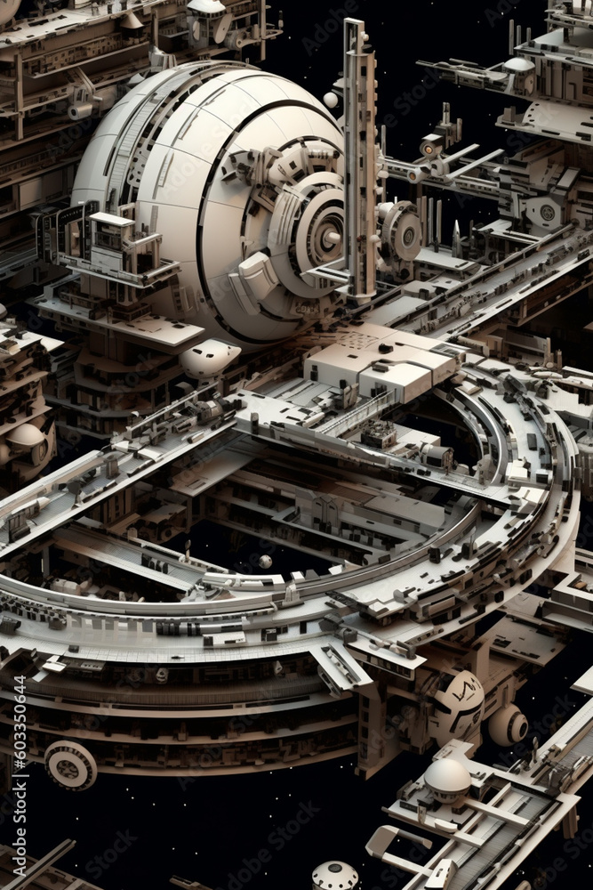 Poster Earth, with intricate details in the cutouts showcasing different modules and structures of the station.  Generative AI technology.