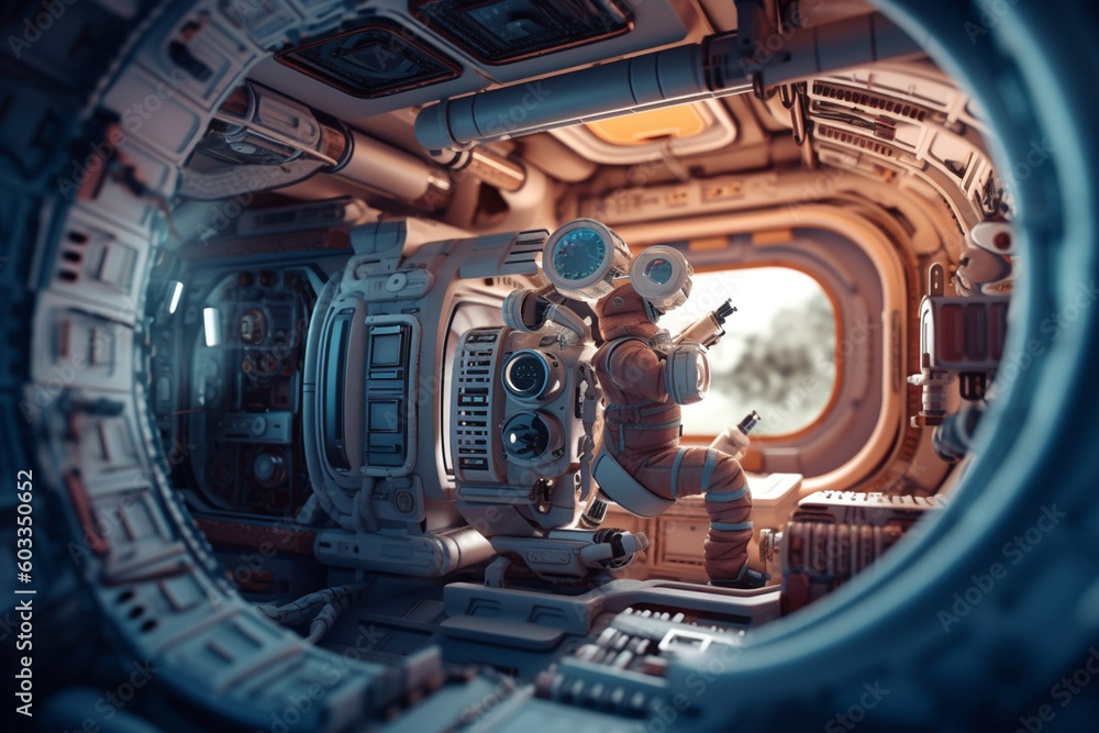 Poster an intricate paper-cut scene of an astronaut inside a space capsule, with intricate details in the c