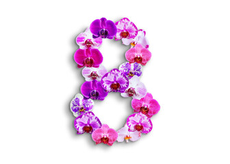 The shape of the number 8 is made of various kinds of orchid flowers. suitable for birthday, anniversary and memorial day templates