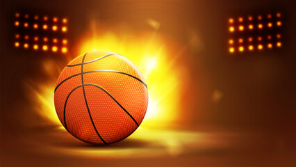 Gold poster with spotlights and basketball ball on blurred background