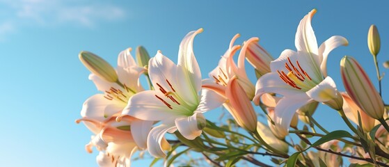 White lily flowers on a blue sky background. Beautiful floral background
Created with generative AI technology.