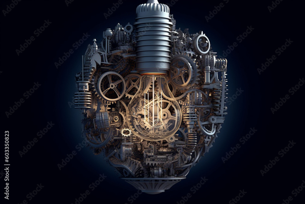 Aufkleber a lightbulb surrounded by gears and machinery, symbolizing the intricate workings of the mind and the process of generating innovative solutions. Generative AI technology.