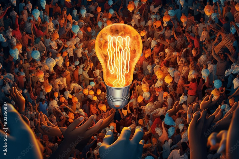 Aufkleber a stunning paper-cut collage of diverse hands reaching towards a glowing lightbulb, symbolizing the 