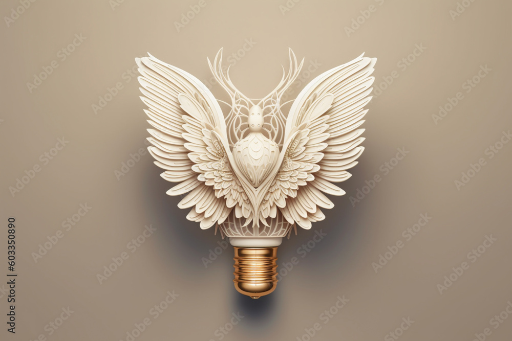 Poster a captivating paper-cut design of a lightbulb with wings and a crown, symbolizing the transformative