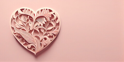 Fototapeta premium Paper three-dimensional white heart with a floral ornament, on a pink background, with free space for any inscription or text. Generative AI