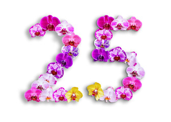 The shape of the number 25 is made of various kinds of orchid flowers. suitable for birthday, anniversary and memorial day templates
