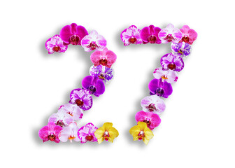The shape of the number 27 is made of various kinds of orchid flowers. suitable for birthday, anniversary and memorial day templates