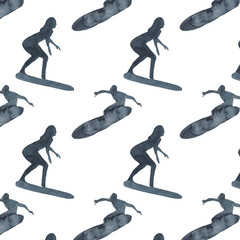 Surf boy and woman decorative pattern with people riding on surfboard over waves flat isolated flat illustration on white background.