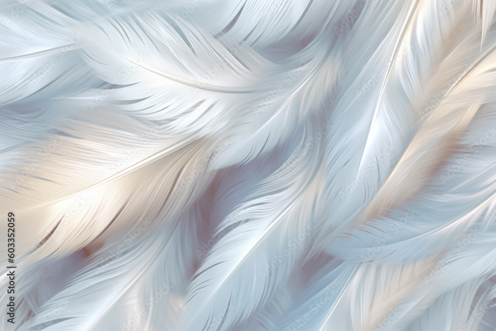 Poster A delicate and ethereal feather background pattern texture, with translucent feathers overlapping each other,  Generative AI technology.