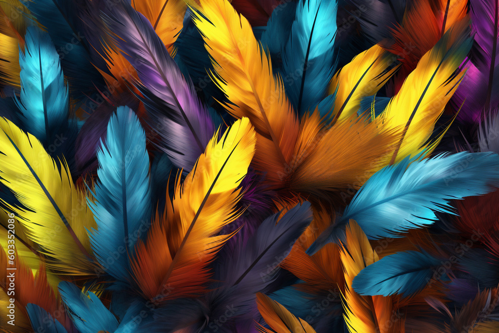 Poster An abstract representation of feathers with bold and vibrant colors, arranged in a geometric pattern to create a modern and dynamic texture. Generative AI technology.