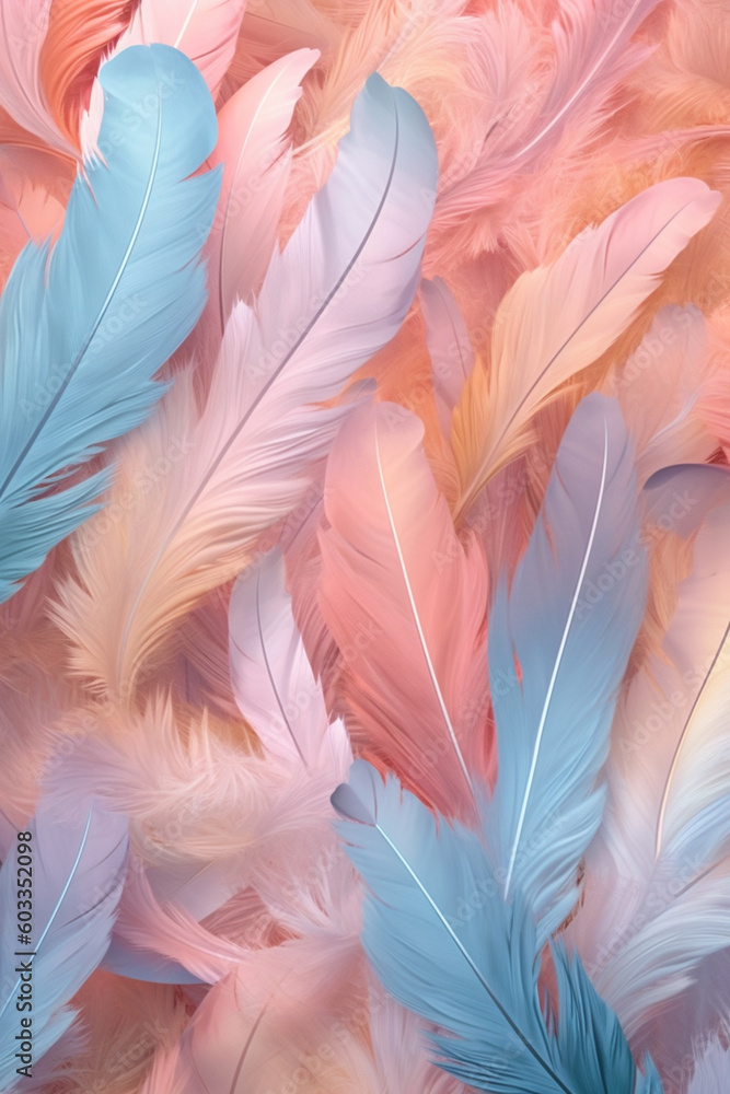 Poster A dreamy and whimsical feather background pattern texture, with feathers floating in a gentle breeze against a soft pastel-colored background, Generative AI technology.