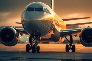 Passenger plane on the runway at sunset. generated by AI Generative AI