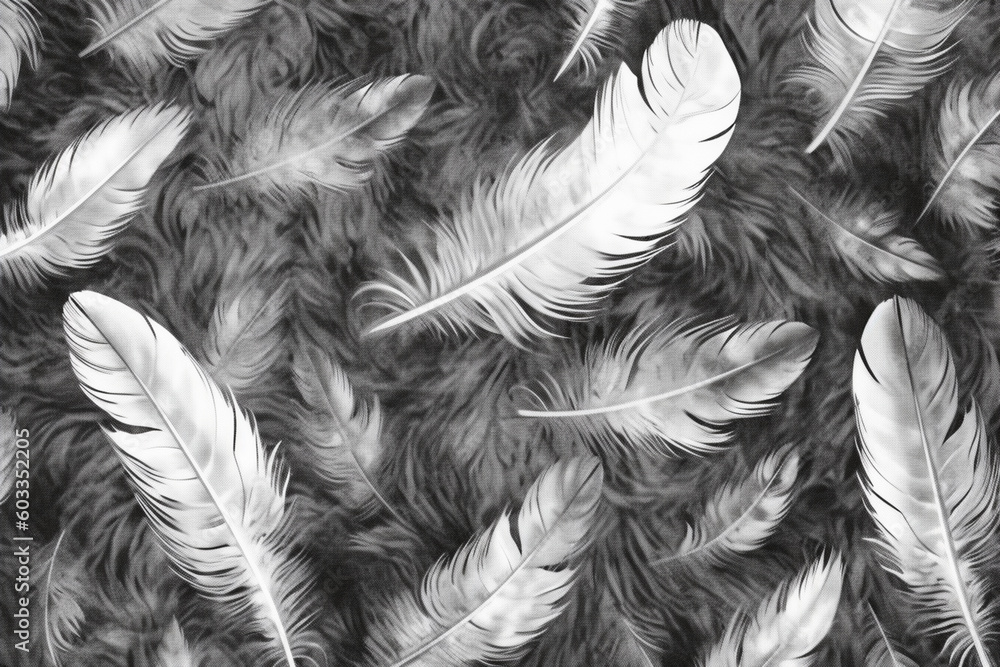 Aufkleber A monochromatic feather background pattern texture with a vintage grunge effect, giving it a weathered and aged appearance,  Generative AI technology.