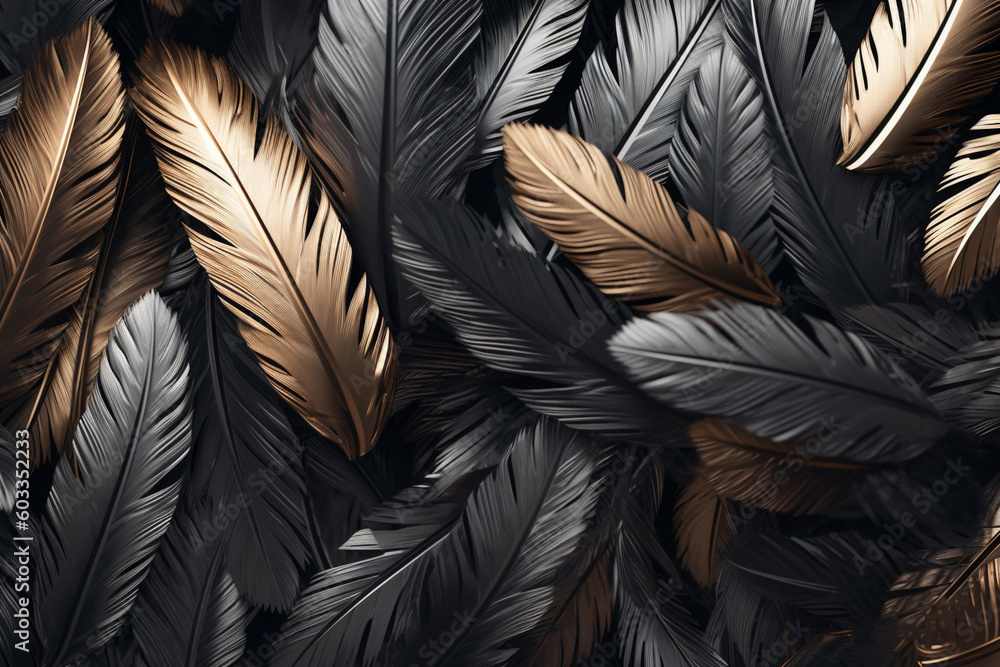Aufkleber A modern and sleek feather background pattern texture, with feathers in metallic tones and geometric shapes, Generative AI technology.