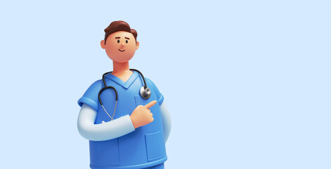 3d render, caucasian young man, nurse cartoon character wears blue shirt, looks at camera, shows right direction with finger. Medical clip art isolated on light background